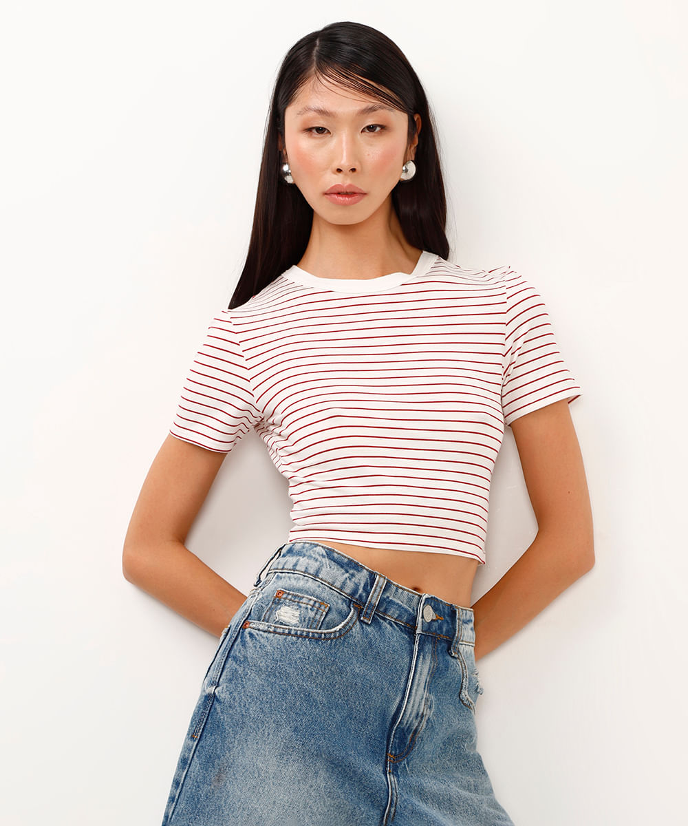 camiseta de viscose cropped listrada vermelho