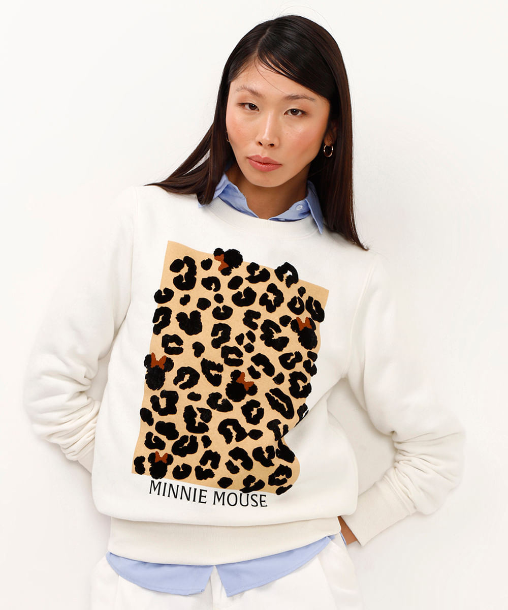 blusão de moletom minnie animal print off white