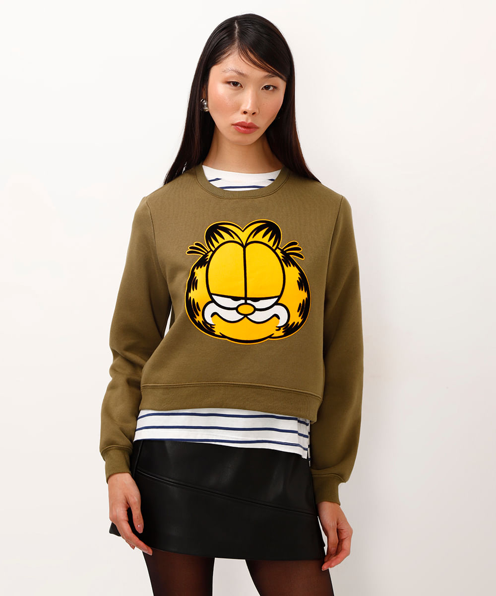 blusão de moletom cropped garfield verde militar
