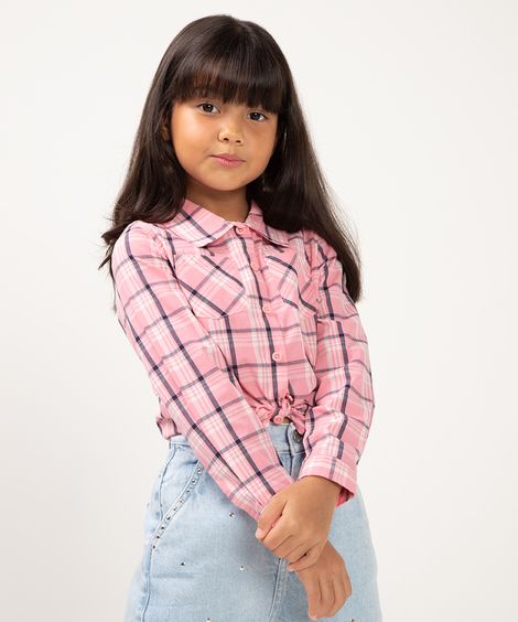 camisa xadrez manga longa rosa