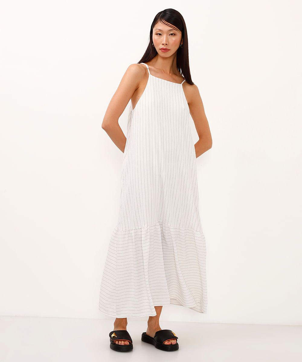 vestido midi halterneck listrado off white