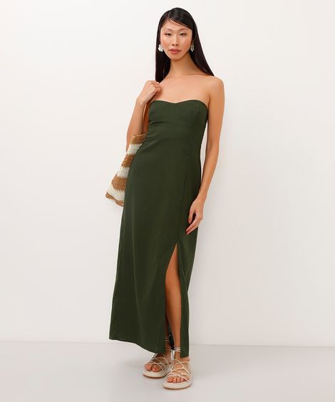 vestido midi com linho sem alça verde militar