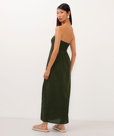 vestido midi com linho sem alça verde militar