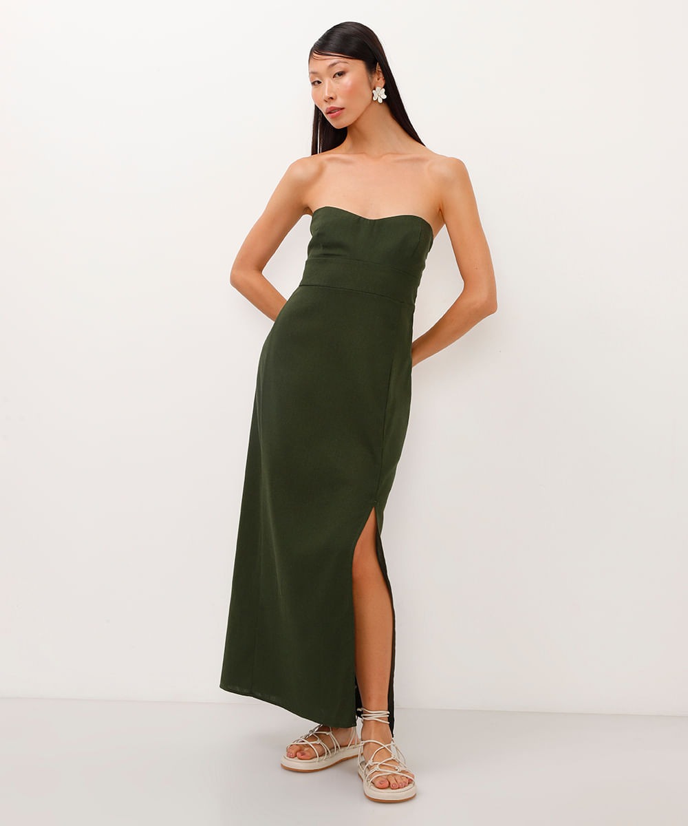 vestido midi com linho sem alça verde militar