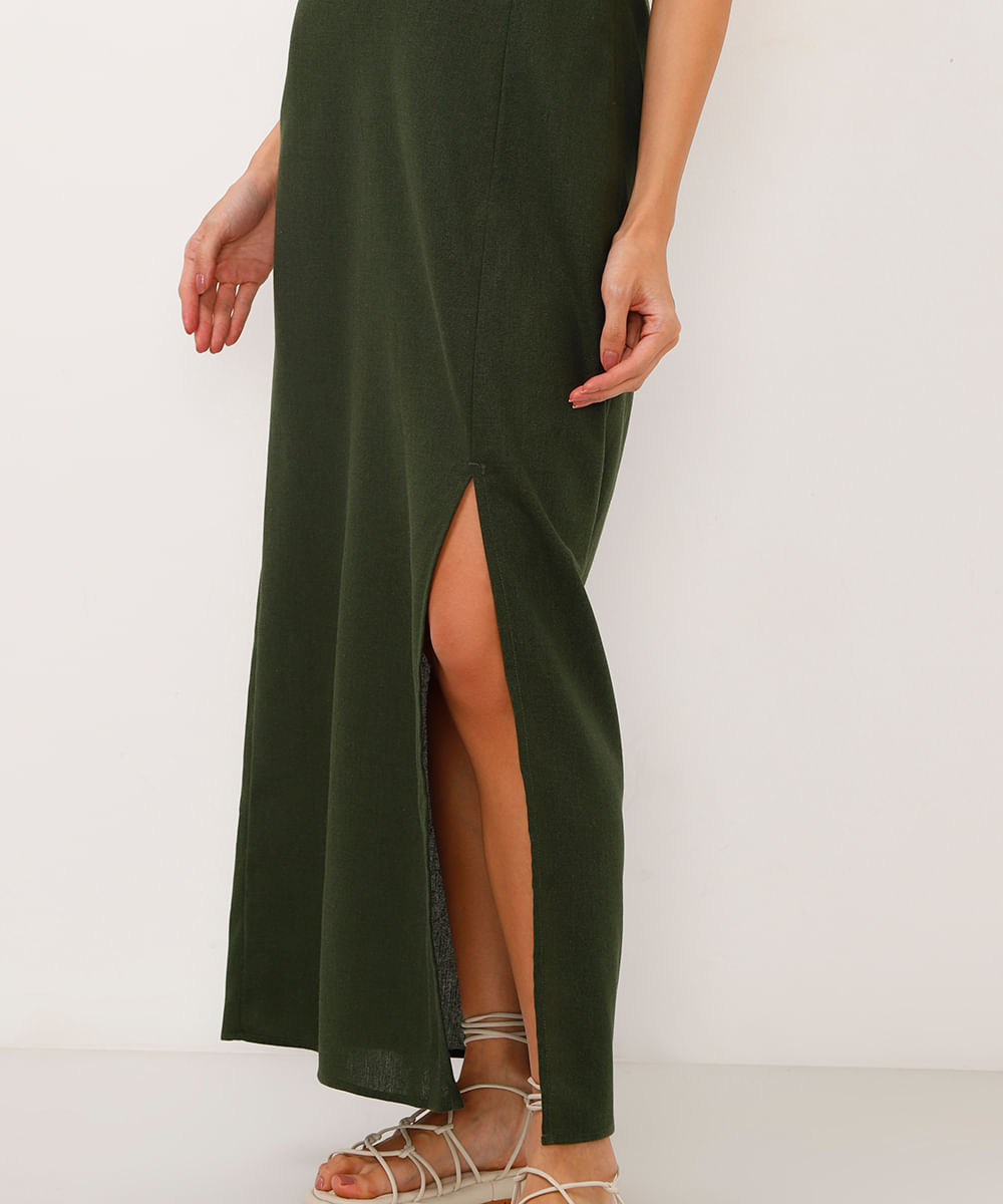 vestido midi com linho sem alça verde militar