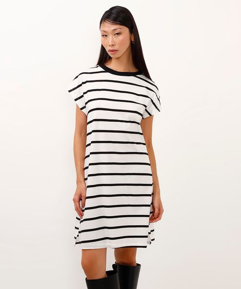 vestido de algodão curto listrado off white