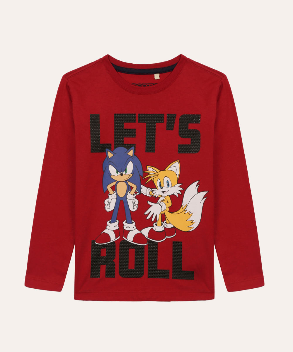 camiseta de malha infantil sonic manga longa vermelha
