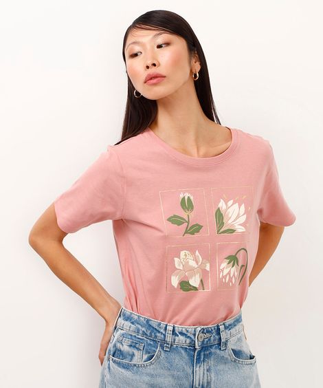 camiseta de algodão floral metalizada rosa