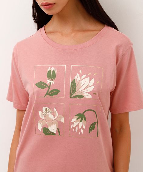 camiseta de algodão floral metalizada rosa