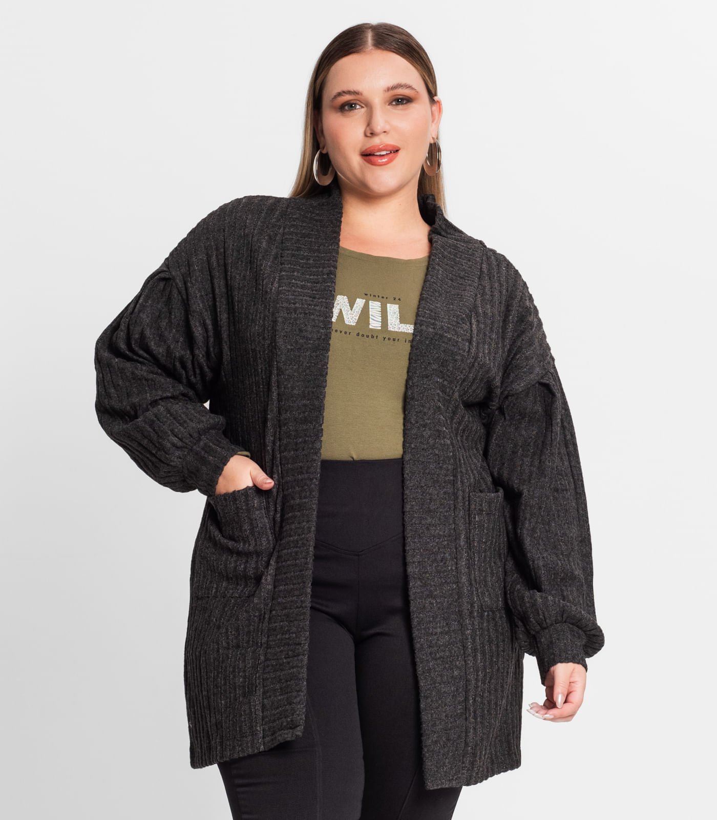 Cardigan Plus Size Em Canelado Tricot Secret Glam Preto