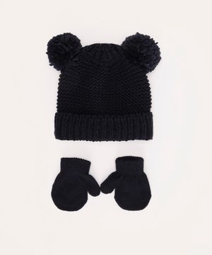 kit infantil de tricot com gorro e luva azul marinho