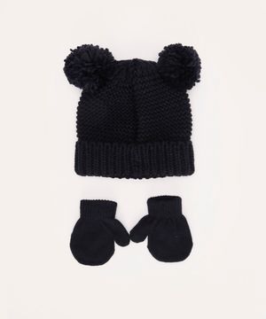 kit infantil de tricot com gorro e luva azul marinho