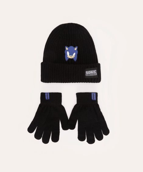 kit de tricot infantil sonic com gorro e luva preto