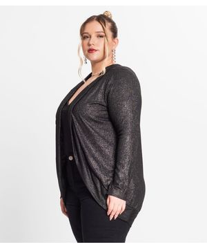 Cardigan Plus Size Em Ribana Canelada Secret Glam Preto