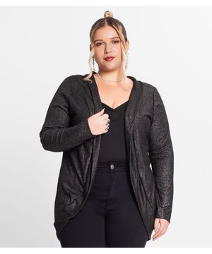 Cardigan Plus Size Em Ribana Canelada Secret Glam Preto