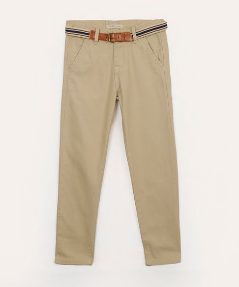 calça slim infantil de sarja com cinto bege