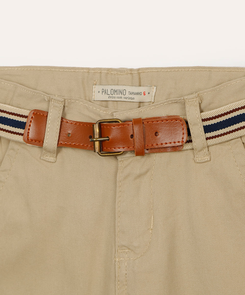 calça slim infantil de sarja com cinto bege
