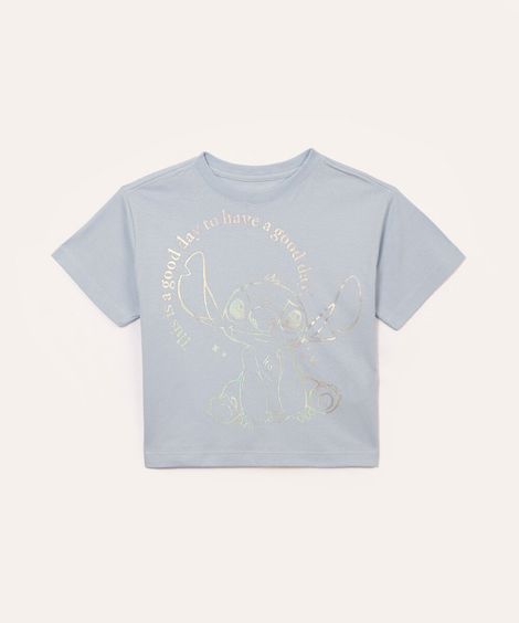 camiseta de algodão infantil stitch holográfico azul
