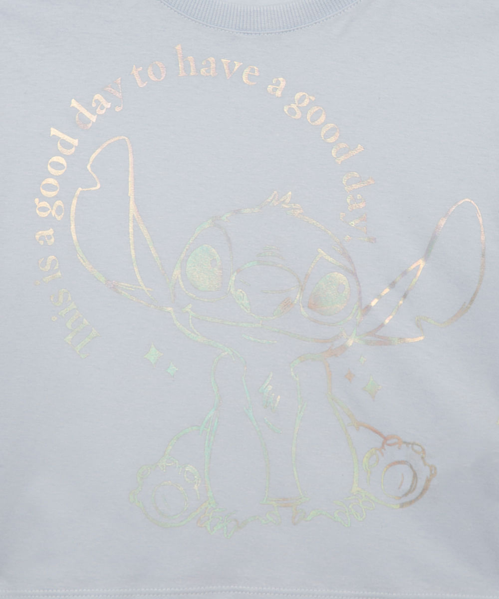 camiseta de algodão infantil stitch holográfico azul