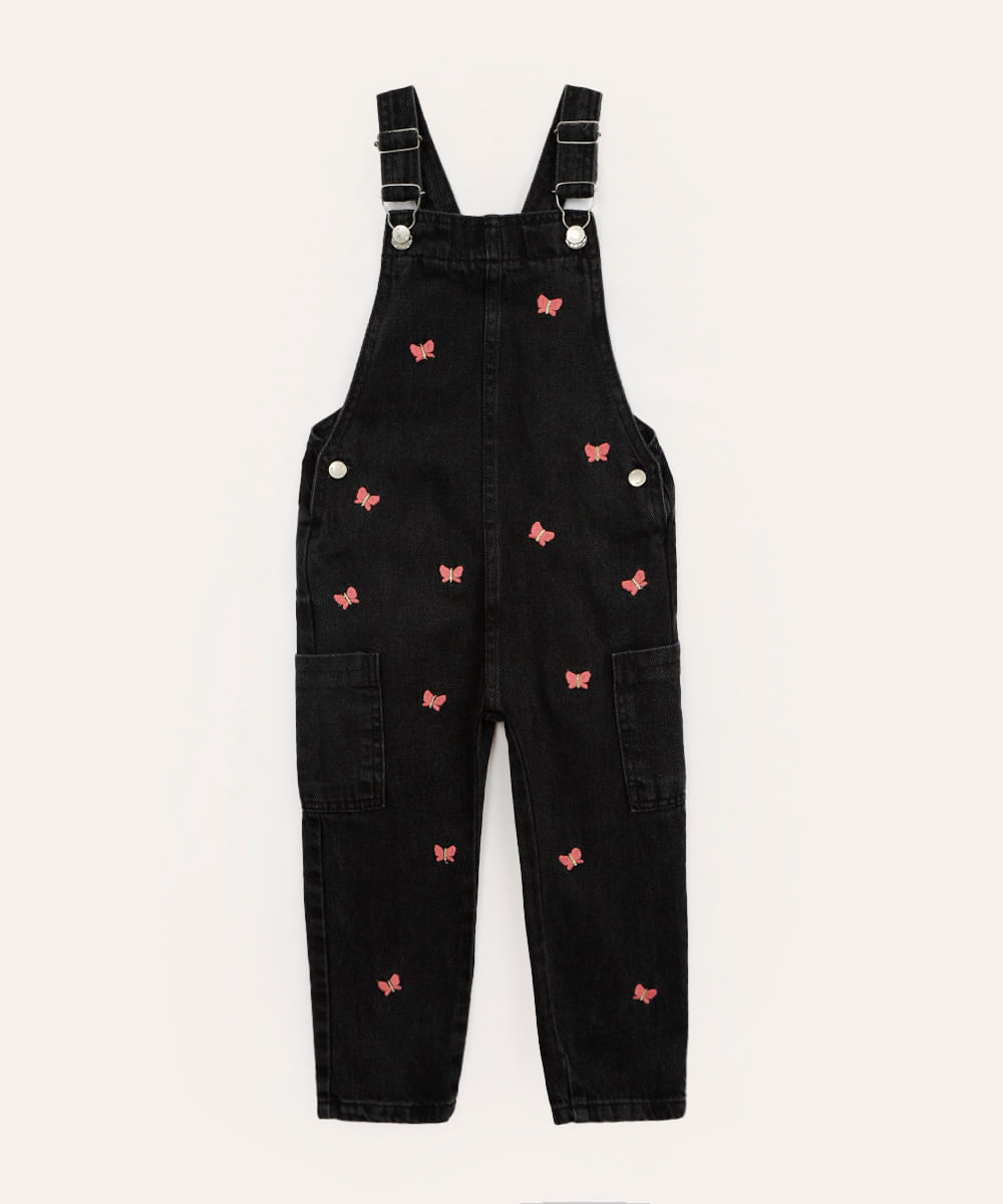 jardineira jeans infantil borboletas preta