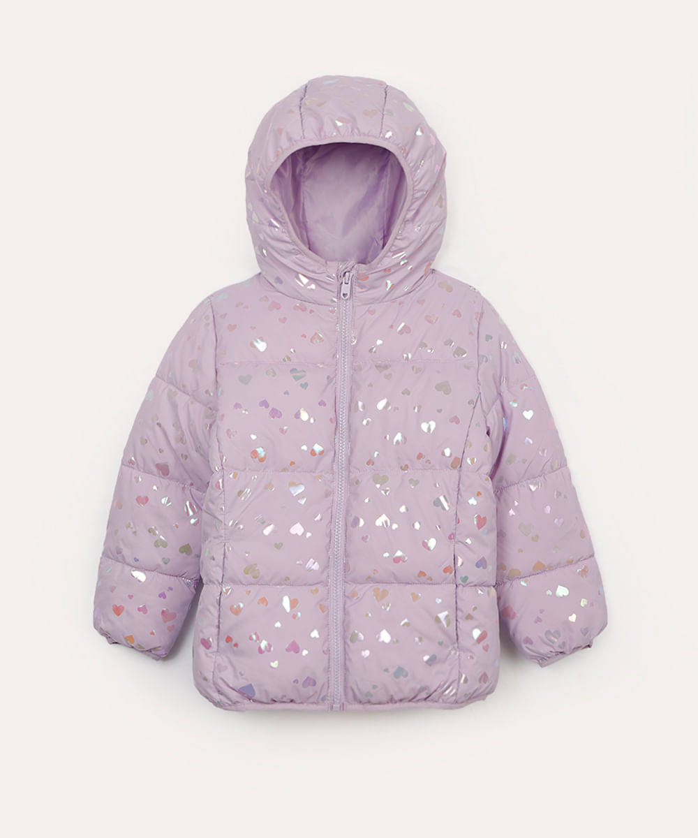 jaqueta puffer infantil corações com capuz lilás