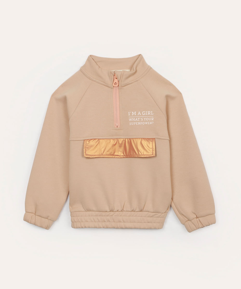 blusa de moletom infantil gola alta bege