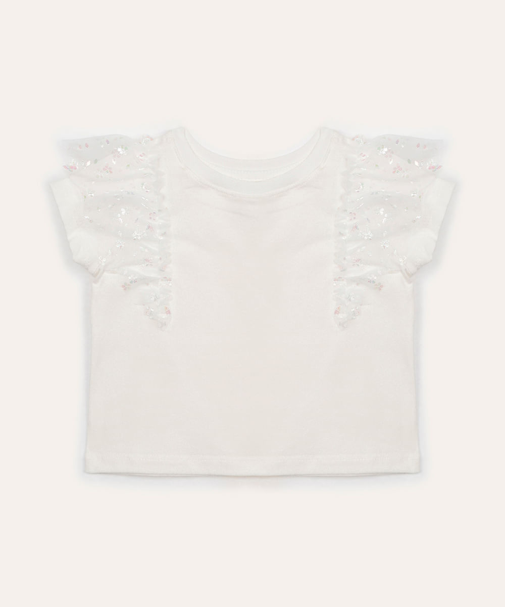 blusa de algodão infantil babado de tule off white