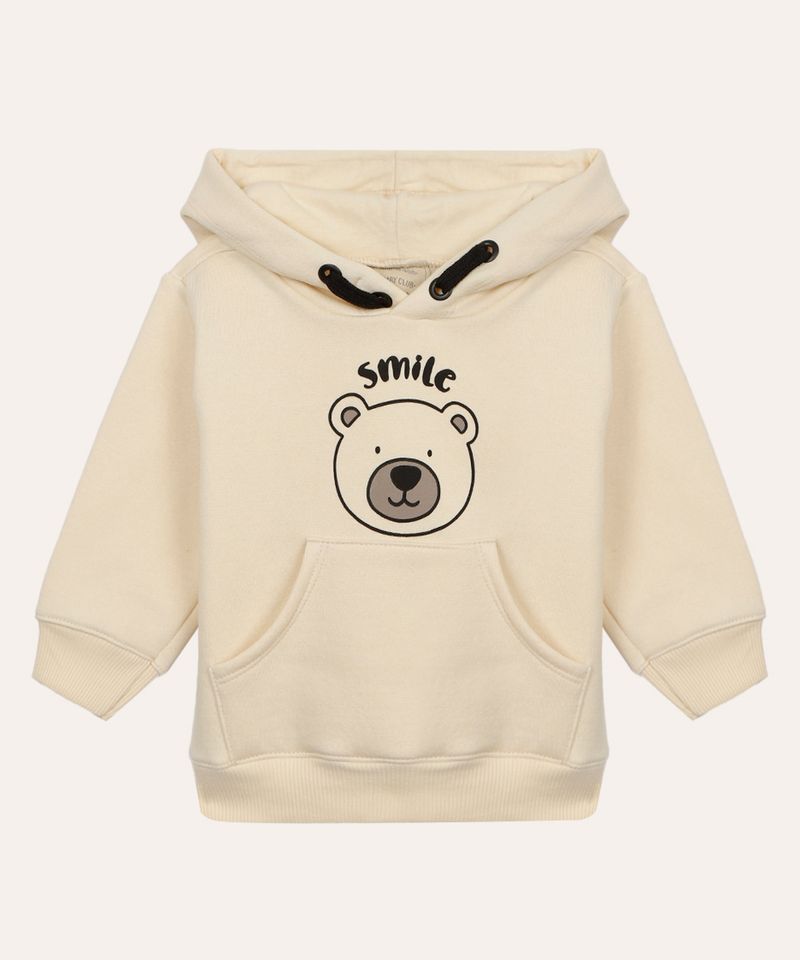 blusão de moletom infantil urso com capuz bege