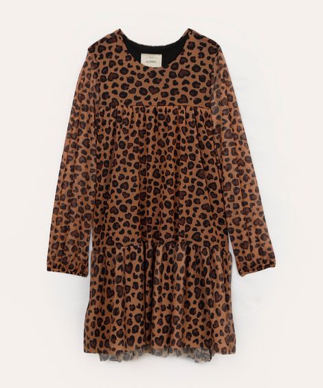 vestido de tule infantil animal print bege