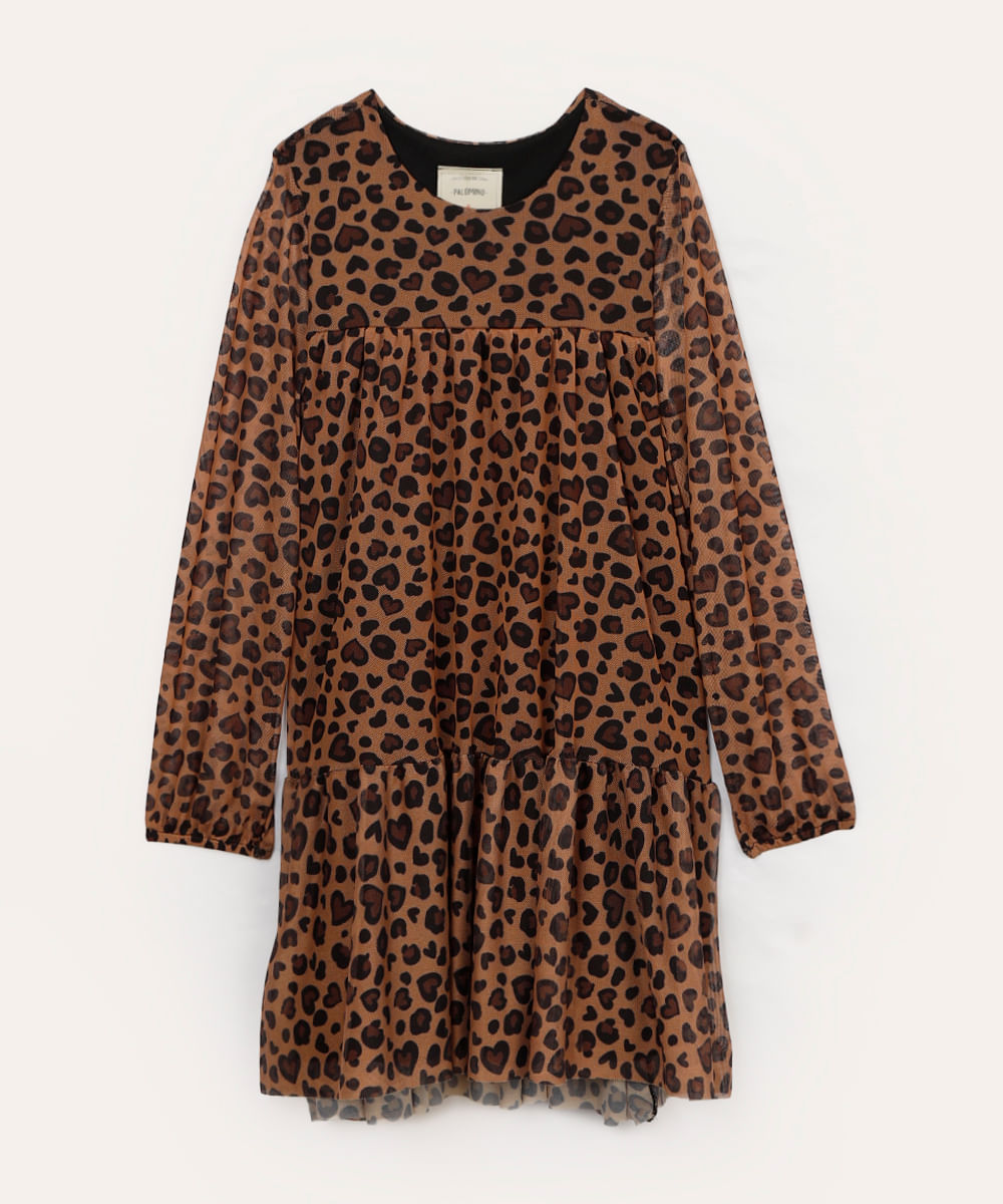 vestido de tule infantil animal print bege