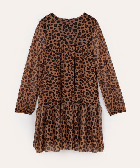 vestido de tule infantil animal print bege