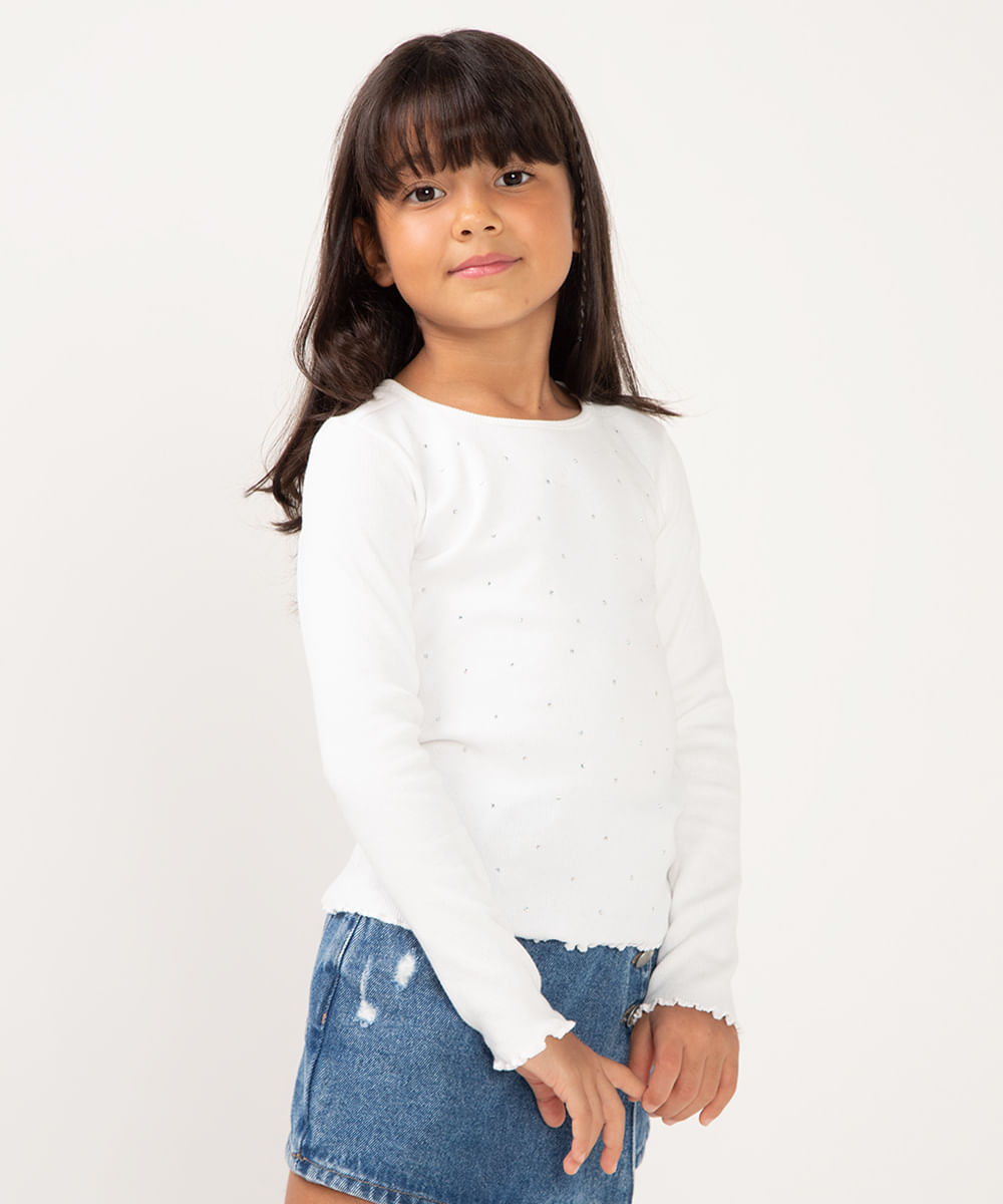 camiseta de algodão manga longa strass off white