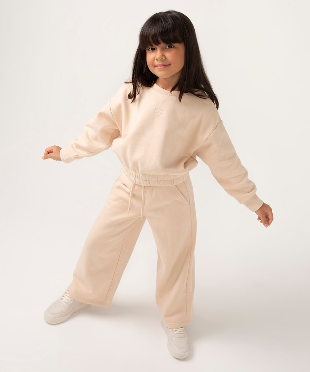 calça de moletom wide leg infantil bege