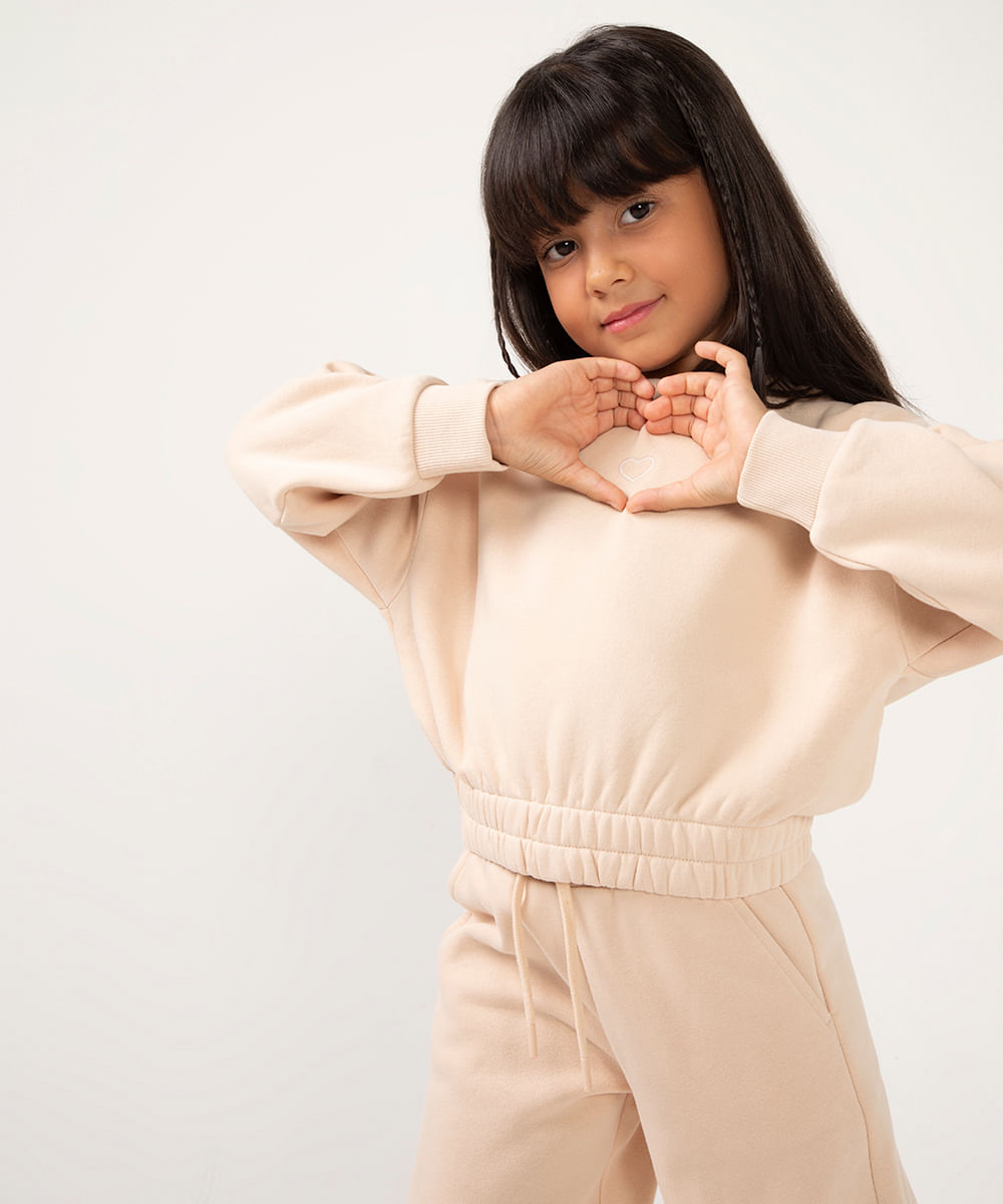 calça de moletom wide leg infantil bege