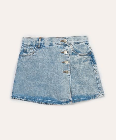 short saia jeans transpassado infantil azul