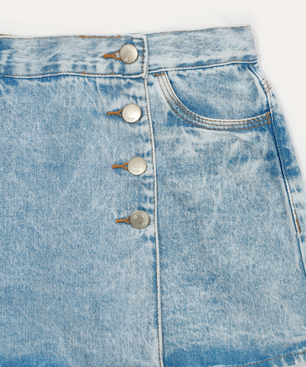 short saia jeans transpassado infantil azul