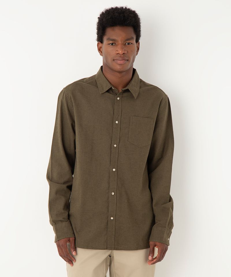 camisa comfort com linho manga longa verde militar