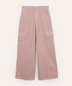 calça de sarja juvenil wide leg cargo rosa