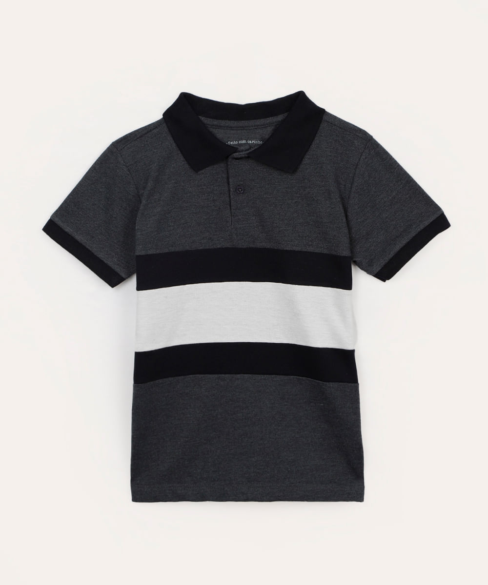 polo de piquet infantil com listras azul marinho