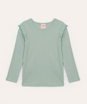 blusa de algodão infantil canelada com babado verde claro