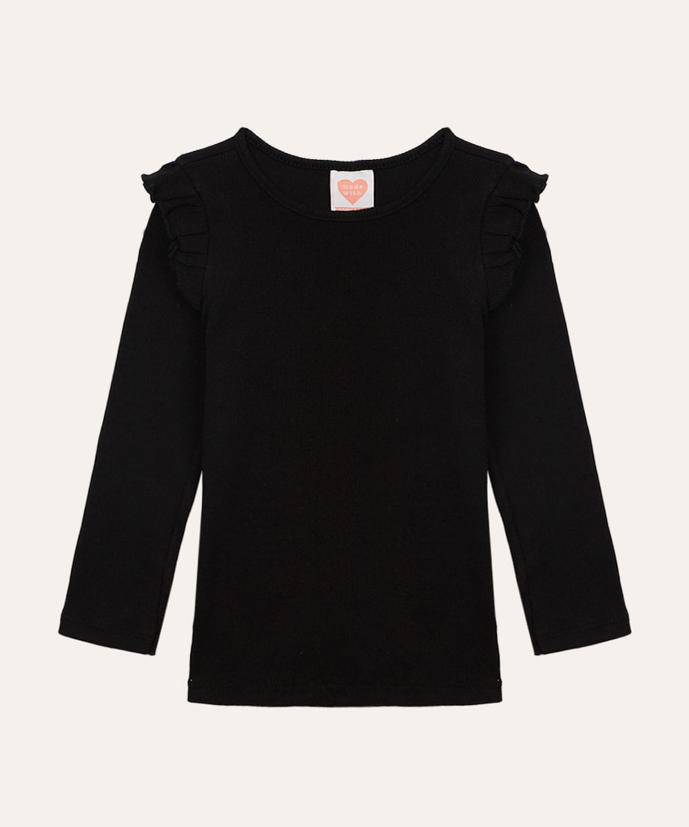blusa de algodão infantil canelada com babado preta