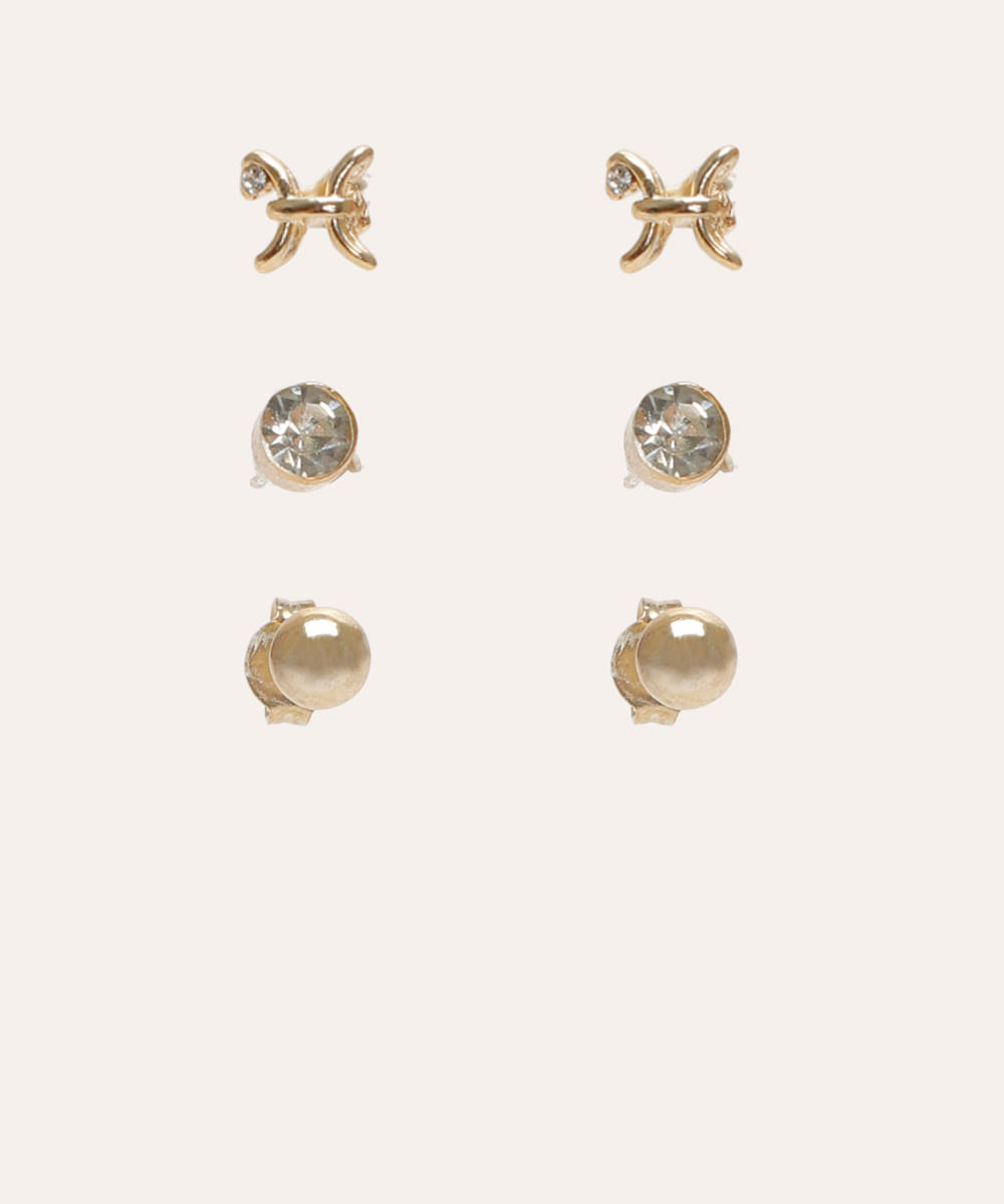 kit de 3 brincos folheado peixes e strass dourado