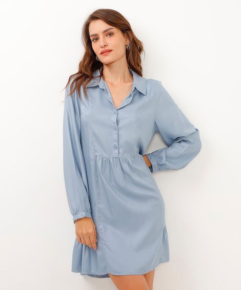 vestido de viscose chemise manga longa azul