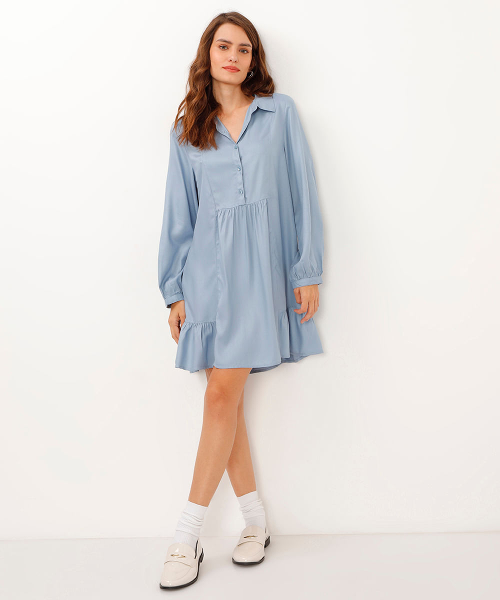 vestido de viscose chemise manga longa azul