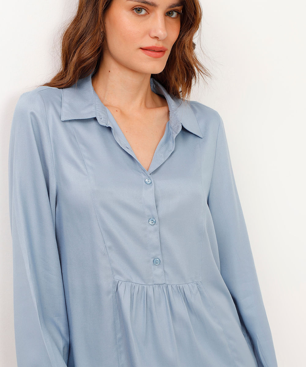 vestido de viscose chemise manga longa azul