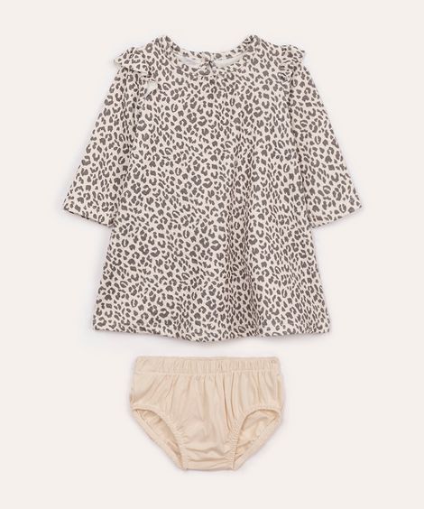 vestido infantil oncinha com babado e calcinha bege