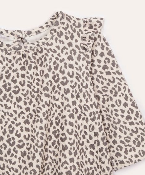 vestido infantil oncinha com babado e calcinha bege