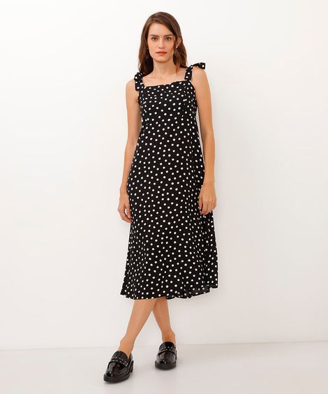 vestido de viscose alças com laços poá preto