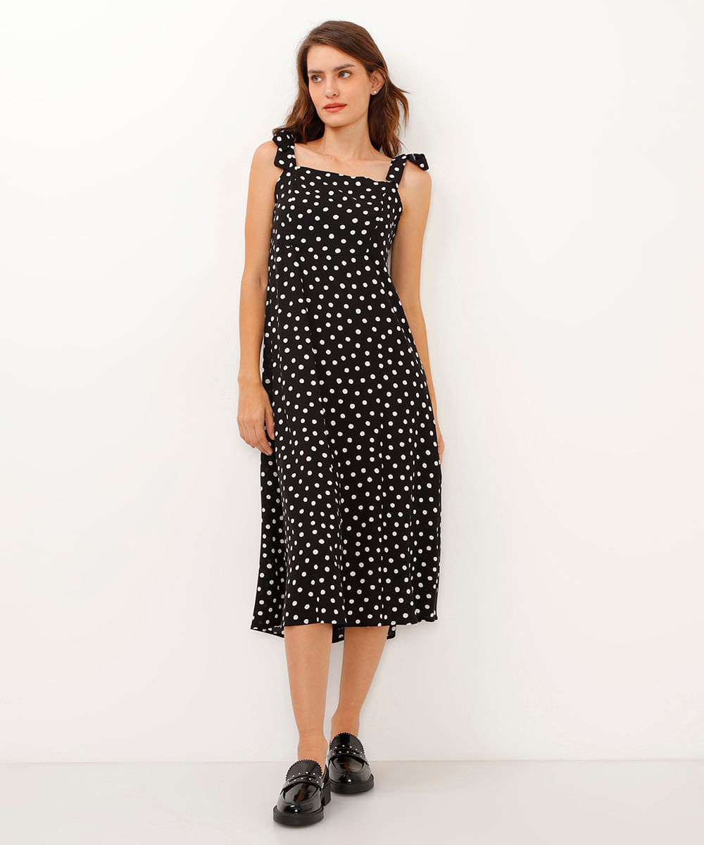 vestido de viscose alças com laços poá preto