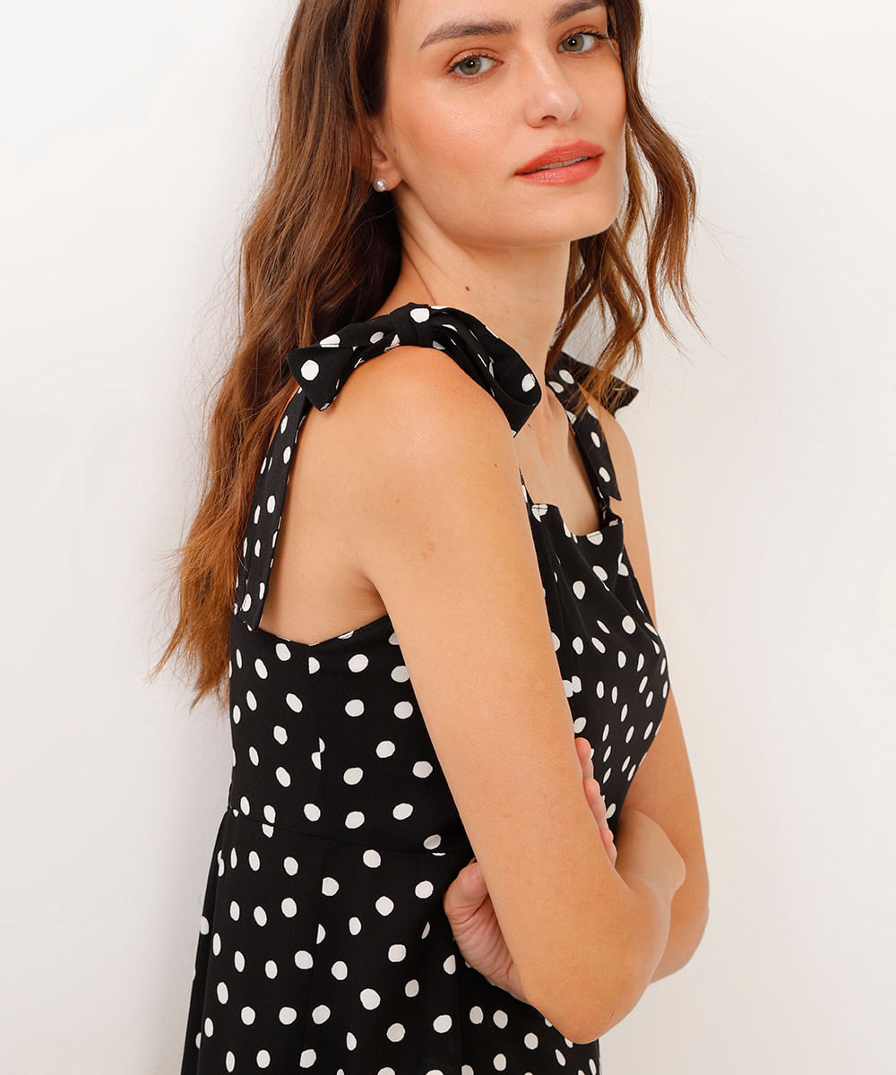vestido de viscose alças com laços poá preto